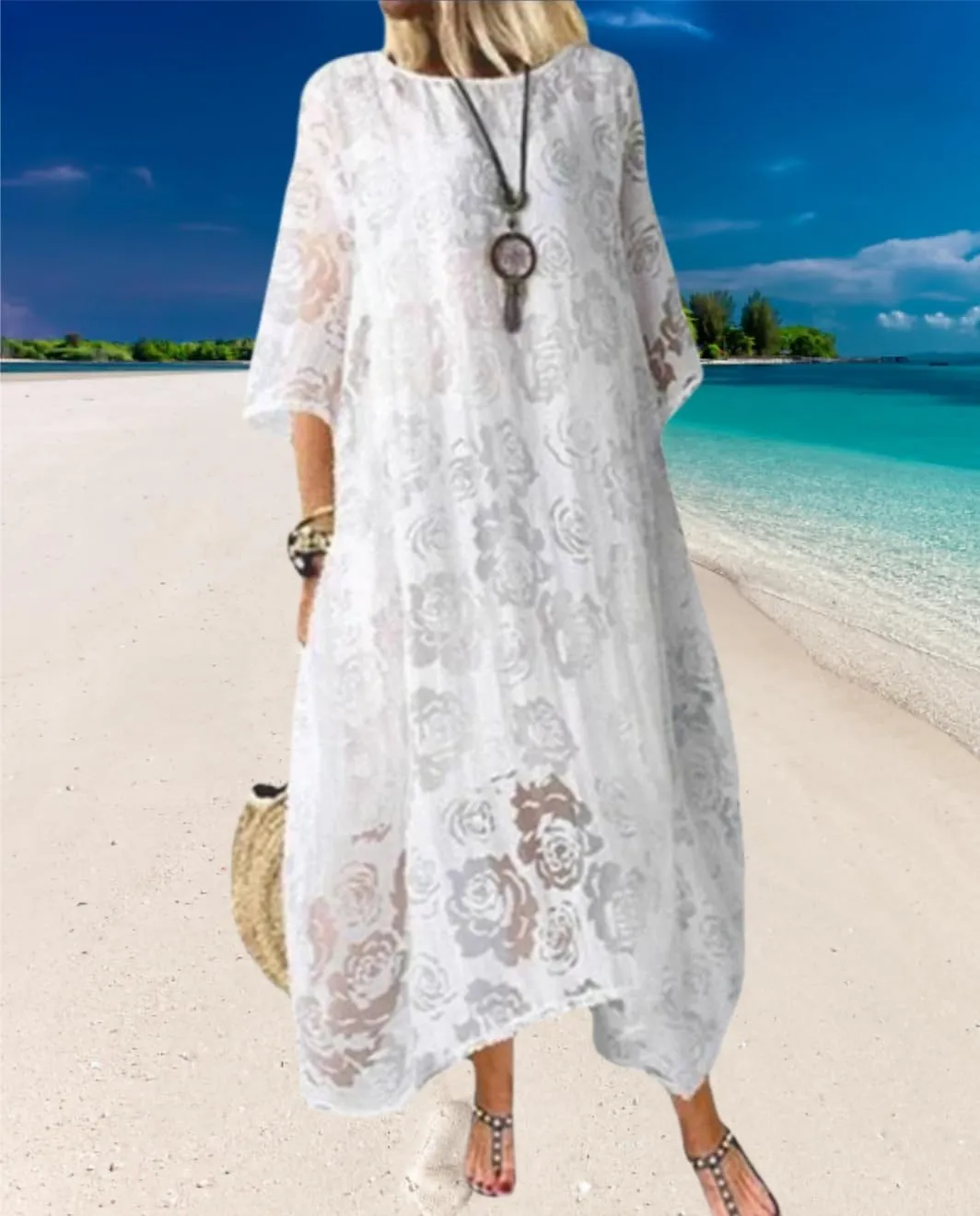 Guteidee Lace Dress for Womens Wedding Guest Chiffon Party Dress Half Sleeves Crew Neck Maxi Long Dress