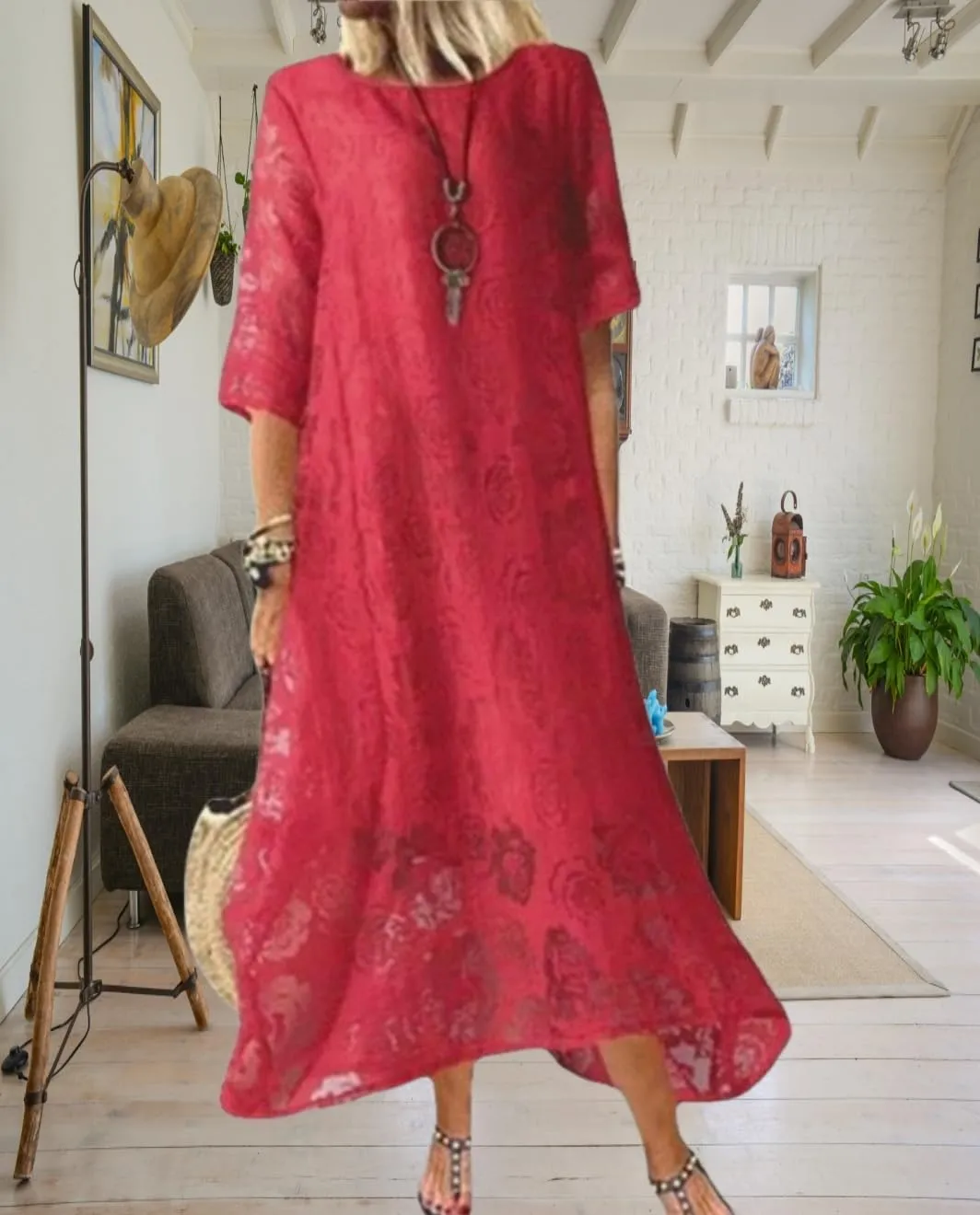 Guteidee Lace Dress for Womens Wedding Guest Chiffon Party Dress Half Sleeves Crew Neck Maxi Long Dress