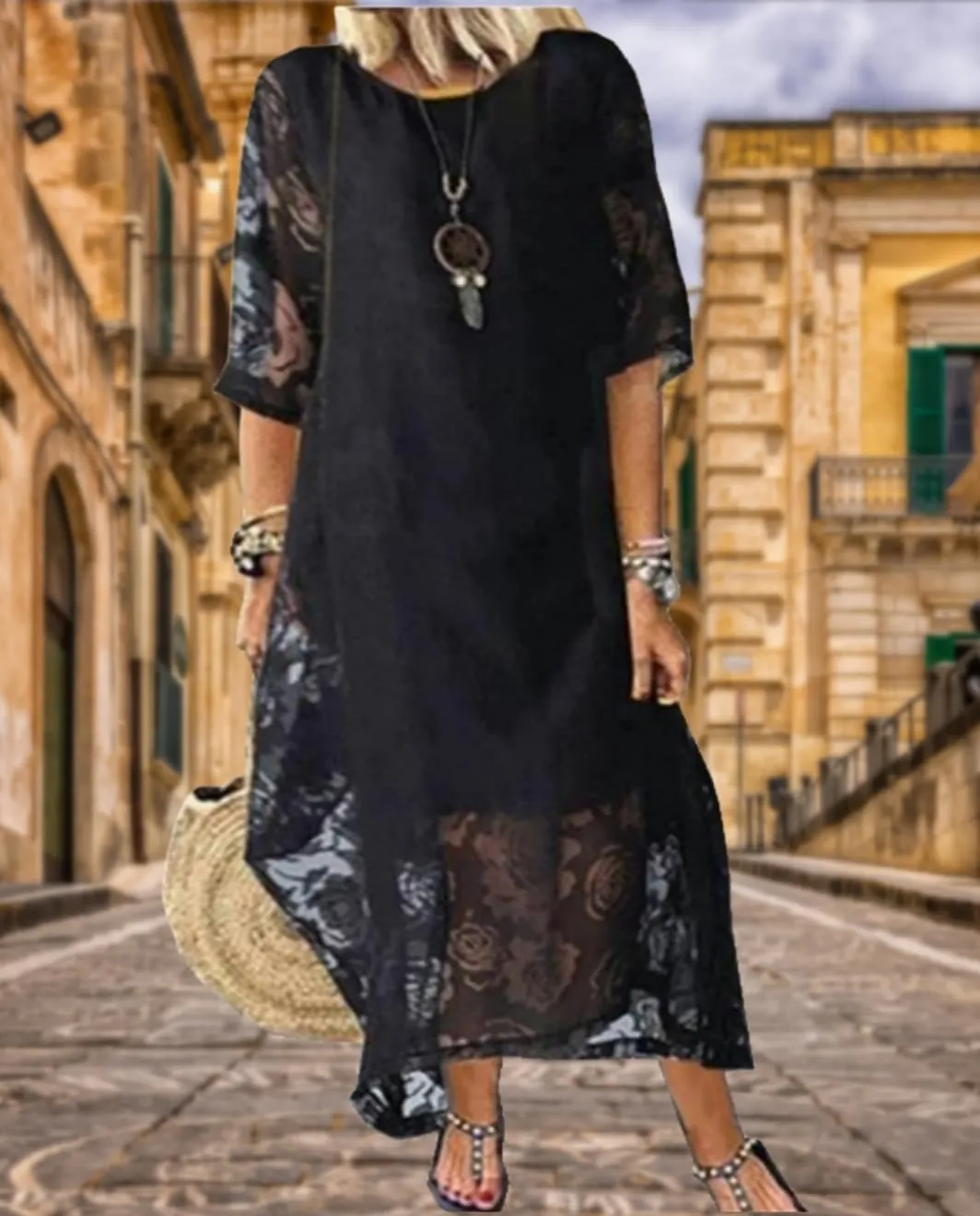 Guteidee Lace Dress for Womens Wedding Guest Chiffon Party Dress Half Sleeves Crew Neck Maxi Long Dress