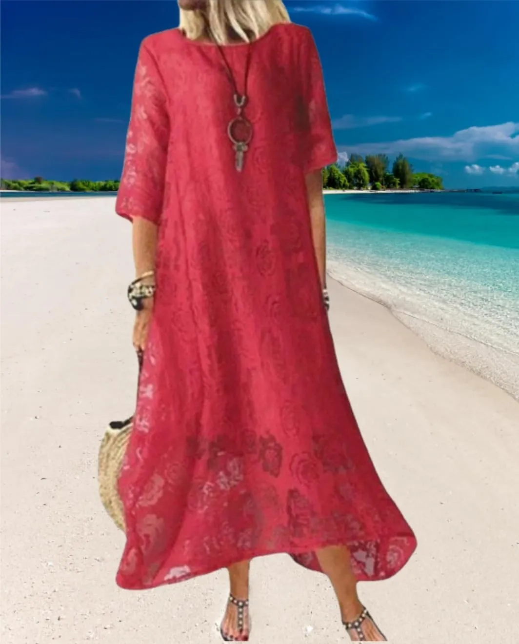 Guteidee Lace Dress for Womens Wedding Guest Chiffon Party Dress Half Sleeves Crew Neck Maxi Long Dress