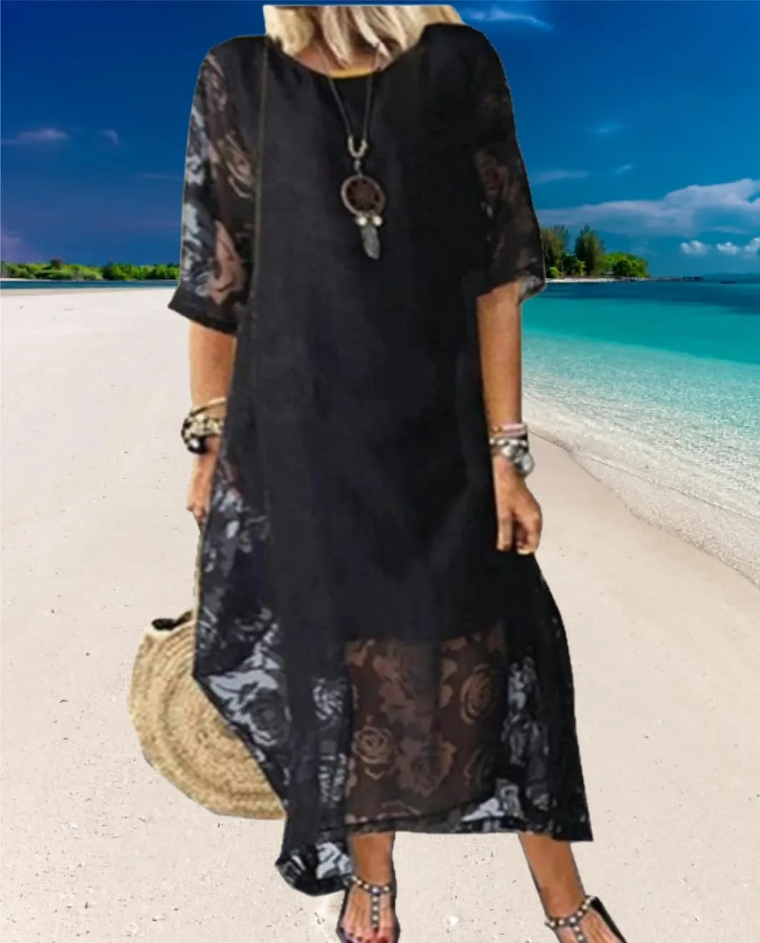 Guteidee Lace Dress for Womens Wedding Guest Chiffon Party Dress Half Sleeves Crew Neck Maxi Long Dress