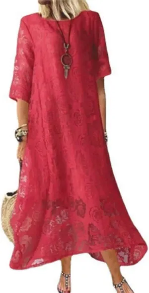 Guteidee Lace Dress for Womens Wedding Guest Chiffon Party Dress Half Sleeves Crew Neck Maxi Long Dress