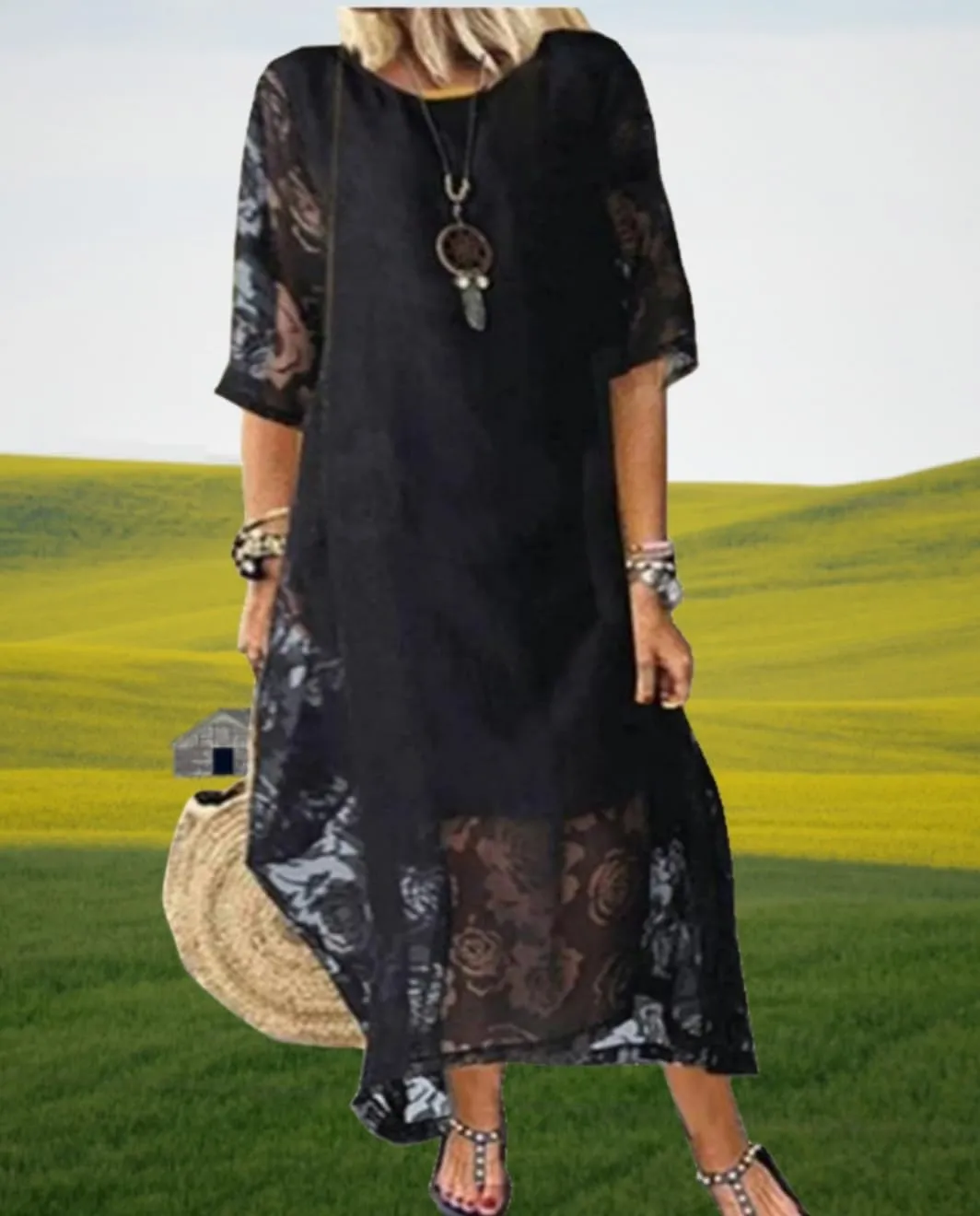 Guteidee Lace Dress for Womens Wedding Guest Chiffon Party Dress Half Sleeves Crew Neck Maxi Long Dress