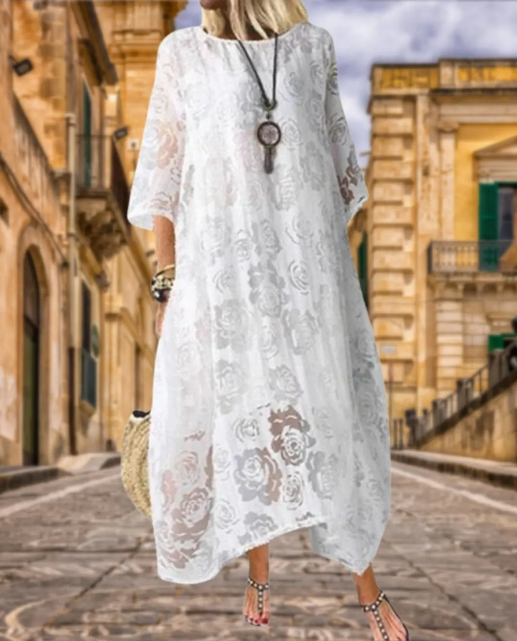 Guteidee Lace Dress for Womens Wedding Guest Chiffon Party Dress Half Sleeves Crew Neck Maxi Long Dress