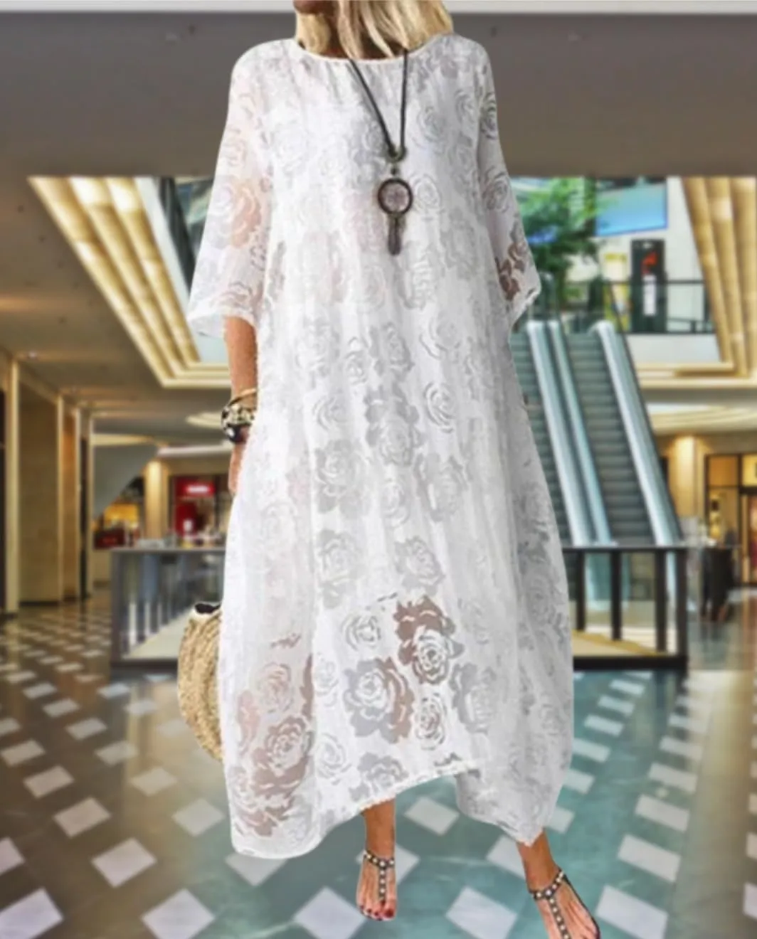 Guteidee Lace Dress for Womens Wedding Guest Chiffon Party Dress Half Sleeves Crew Neck Maxi Long Dress
