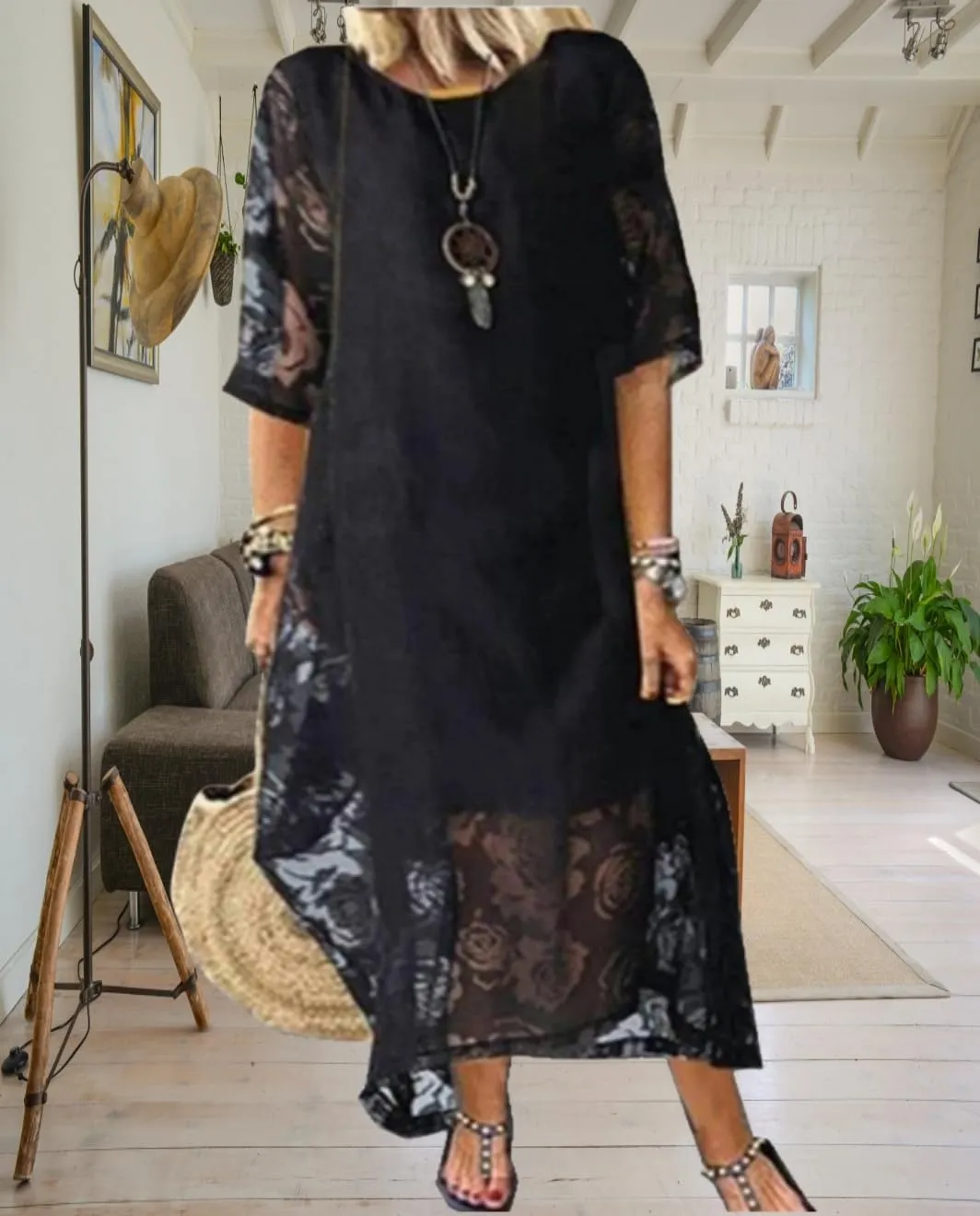 Guteidee Lace Dress for Womens Wedding Guest Chiffon Party Dress Half Sleeves Crew Neck Maxi Long Dress