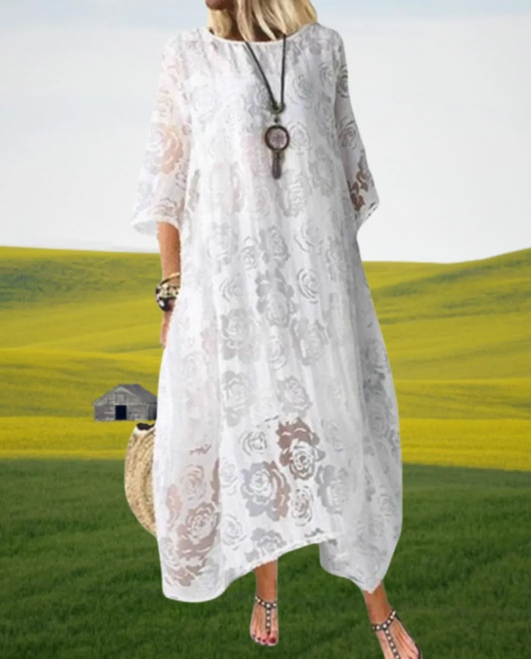 Guteidee Lace Dress for Womens Wedding Guest Chiffon Party Dress Half Sleeves Crew Neck Maxi Long Dress