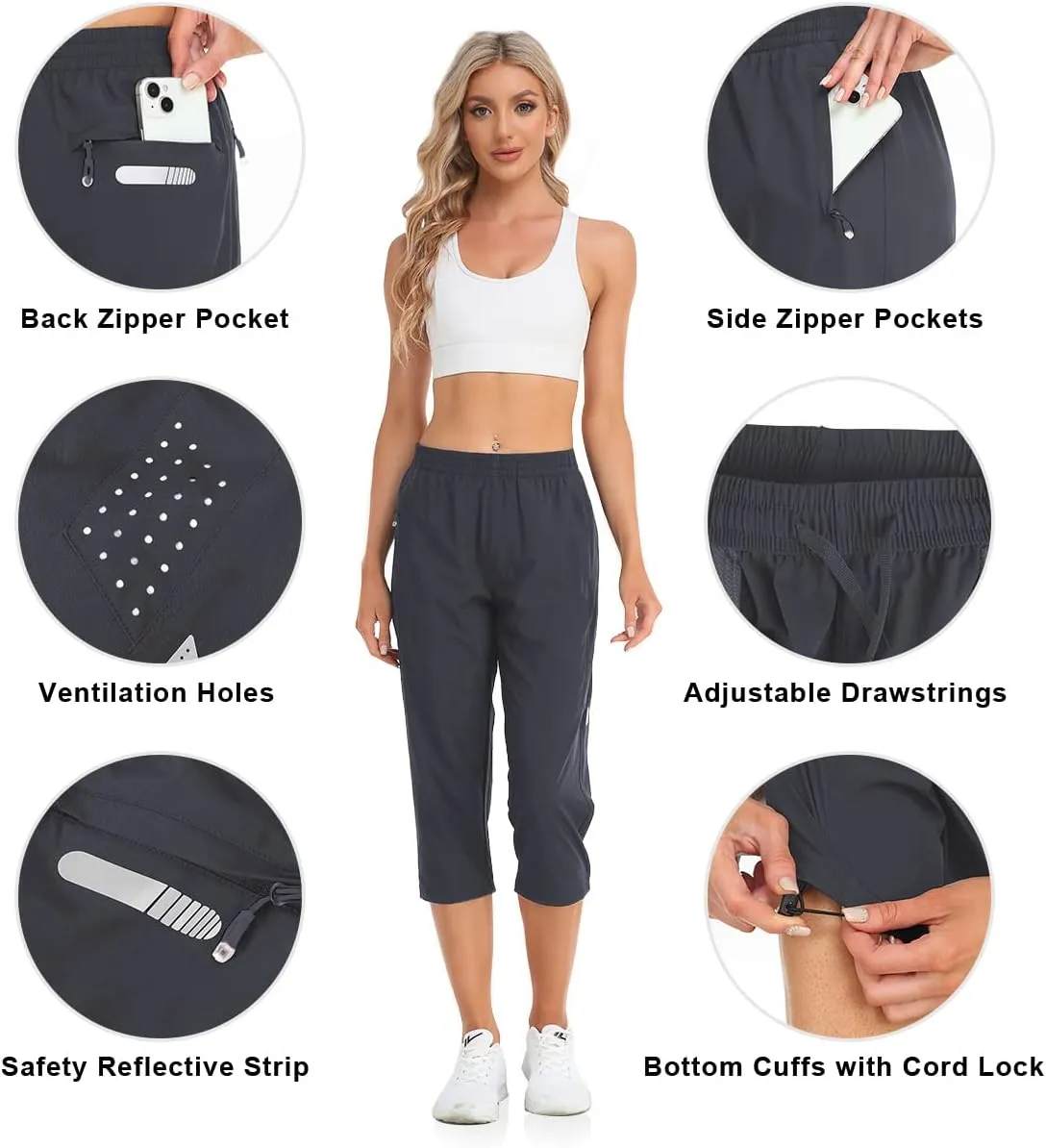 GymBrave Women's Capri Pants Quick Dry Lightweight Hiking Capris Pants Outdoor Casual with Zipper Pockets