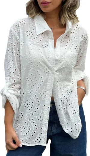 hathne Women's Crochet Embroidery Eyelet Tops Shirt Blouse Boho Long Sleeve Button Front Oversized Blouse