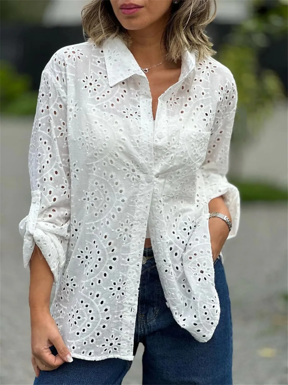 hathne Women's Crochet Embroidery Eyelet Tops Shirt Blouse Boho Long Sleeve Button Front Oversized Blouse