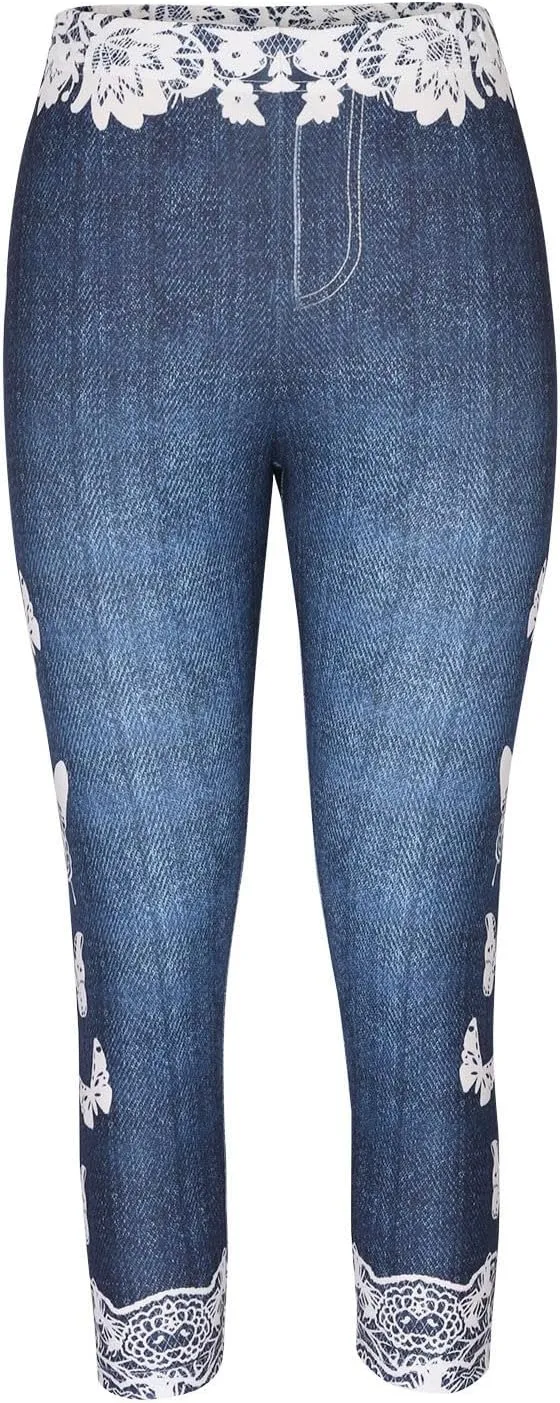 HGps8w Women Plus Size Jeans Jeggings Butterfly Lace Panel Bermuda Yoga Leggings High Waisted Stretch Capris Denim Pants