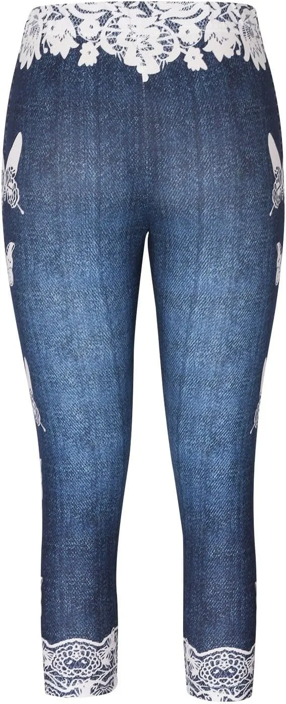 HGps8w Women Plus Size Jeans Jeggings Butterfly Lace Panel Bermuda Yoga Leggings High Waisted Stretch Capris Denim Pants