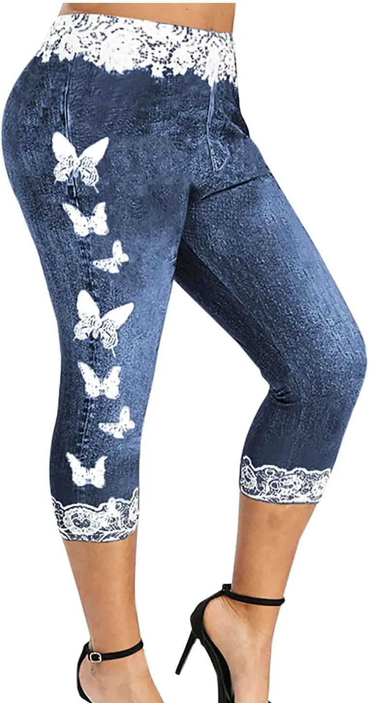 HGps8w Women Plus Size Jeans Jeggings Butterfly Lace Panel Bermuda Yoga Leggings High Waisted Stretch Capris Denim Pants