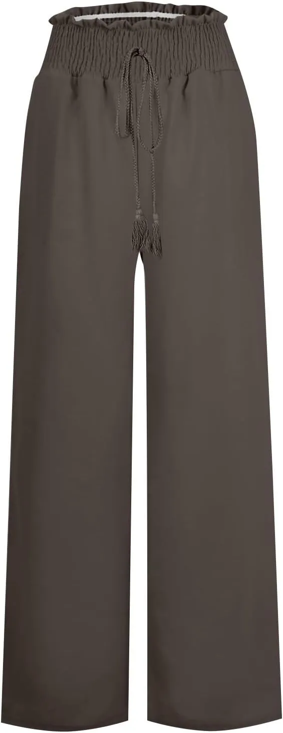 High Waist Wide Leg Palazzo Pants for Women 2024 Summer Casual Linen Lounge Pant Beach Flowy Trousers