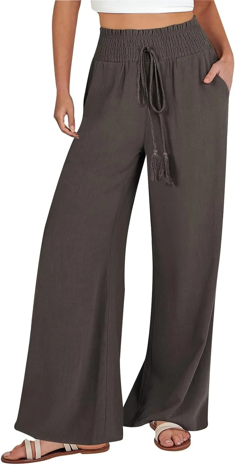 High Waist Wide Leg Palazzo Pants for Women 2024 Summer Casual Linen Lounge Pant Beach Flowy Trousers