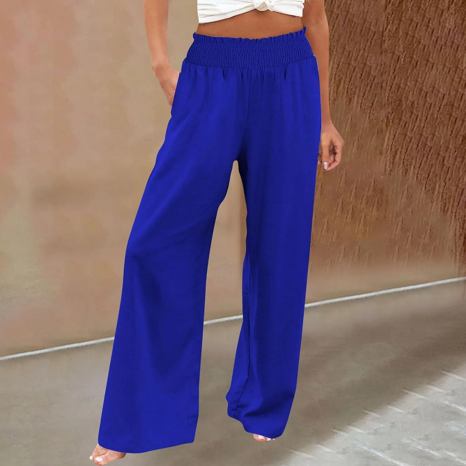 High Waisted Palazzo Pants for Women Cotton-Linen Wide Leg Loose Fit Long Lounge Pant Summer Casual Trousers