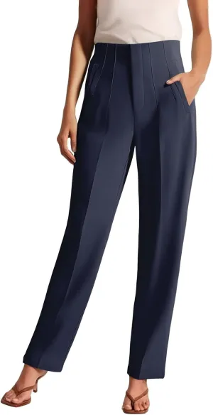 High Waisted Wide Leg Office Work Dress Pants for Women Business Casual Pull on Straight Leg Slacks Trousers Pockets