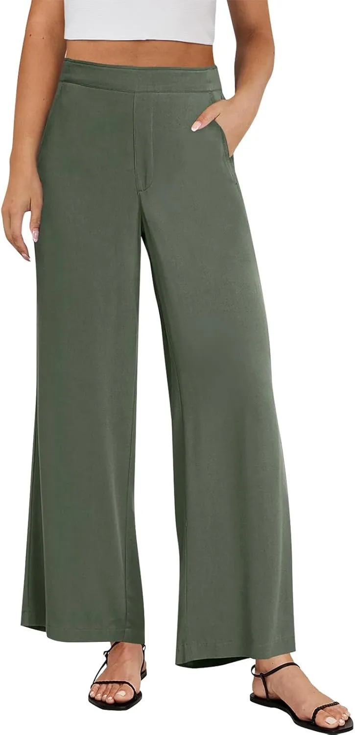 High Waisted Work Pants Women Linen Wide Leg Pants Elastic Waist Business Casual Dress Pants Baggy Summer Trousers