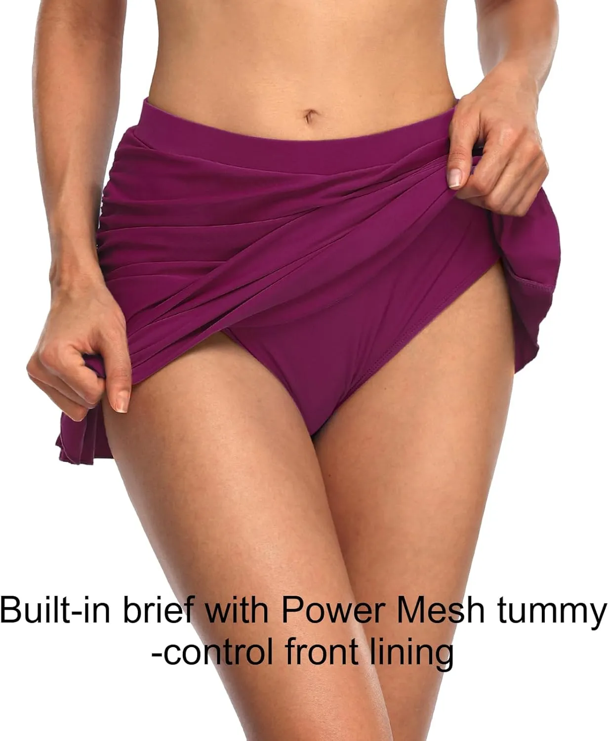 Hilor Women's Shirred Ruffle Swim Skirt Tummy Control Skirted Bikini Bottoms High Waisted Swim Bottom