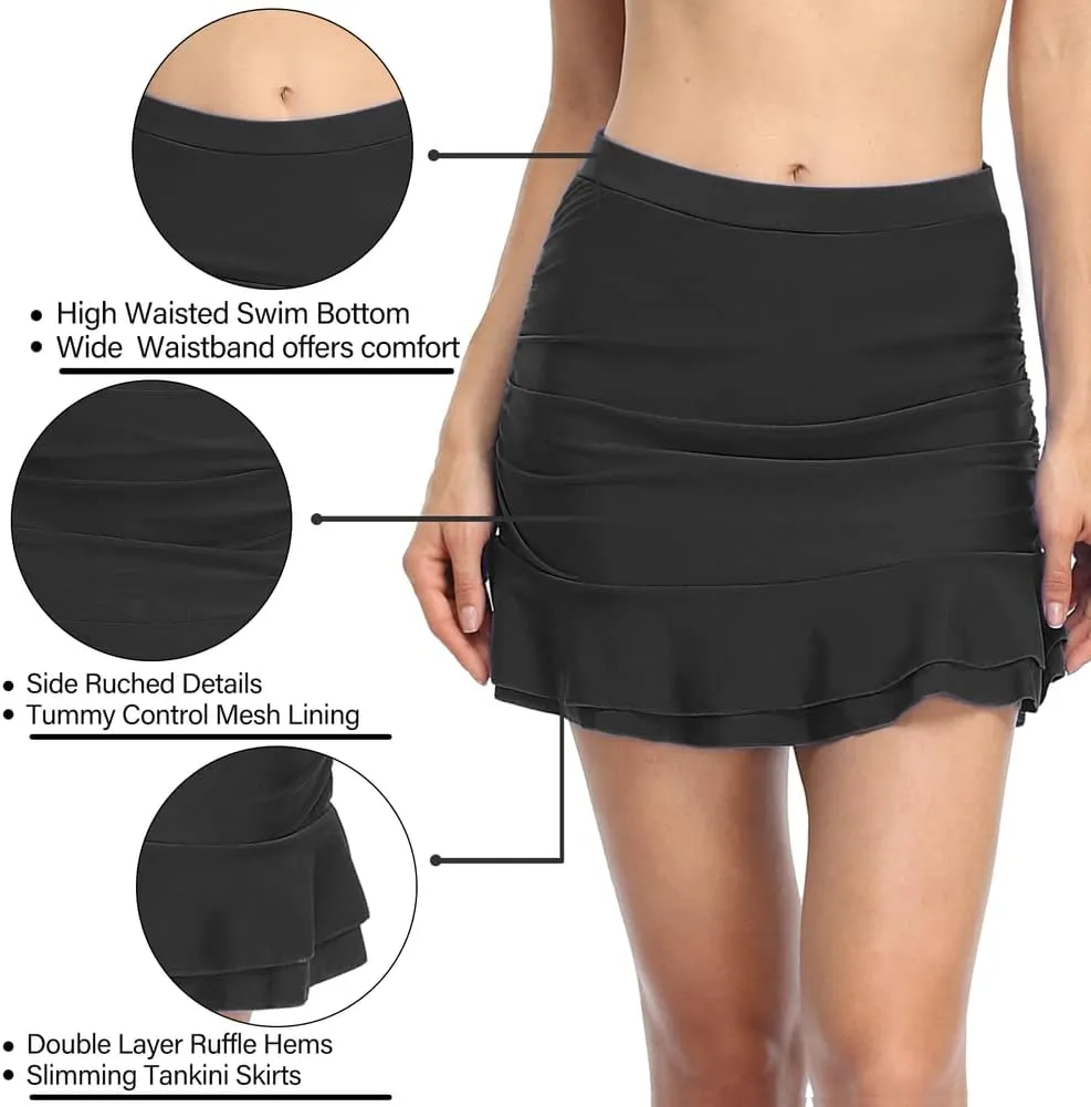Hilor Women's Shirred Ruffle Swim Skirt Tummy Control Skirted Bikini Bottoms High Waisted Swim Bottom
