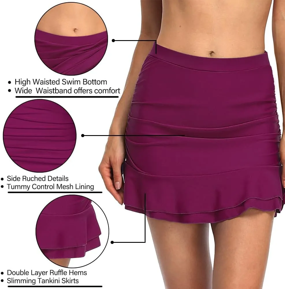 Hilor Women's Shirred Ruffle Swim Skirt Tummy Control Skirted Bikini Bottoms High Waisted Swim Bottom