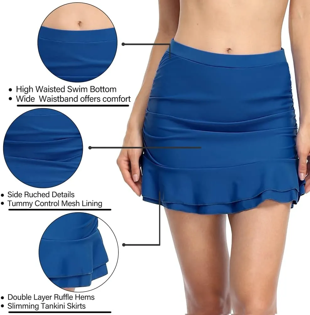 Hilor Women's Shirred Ruffle Swim Skirt Tummy Control Skirted Bikini Bottoms High Waisted Swim Bottom