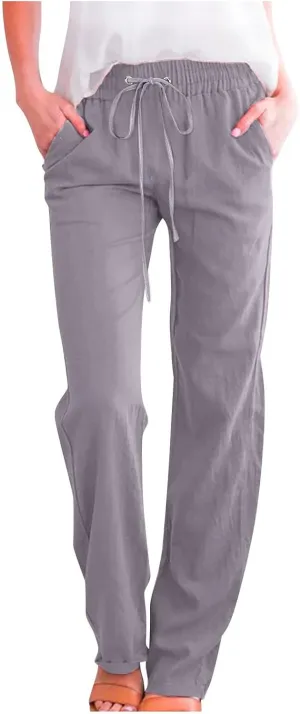 Hvyesh Women Cotton Linen Pants 2025 Summer Wide Leg Drawstring Elastic High Waisted Lounge Pants Casual Beach Trousers