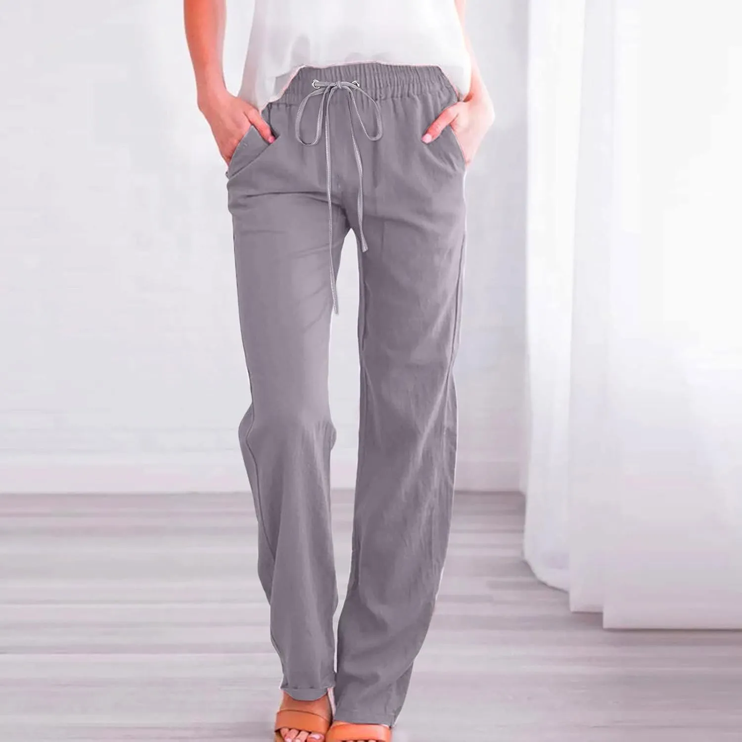 Hvyesh Women Cotton Linen Pants 2025 Summer Wide Leg Drawstring Elastic High Waisted Lounge Pants Casual Beach Trousers