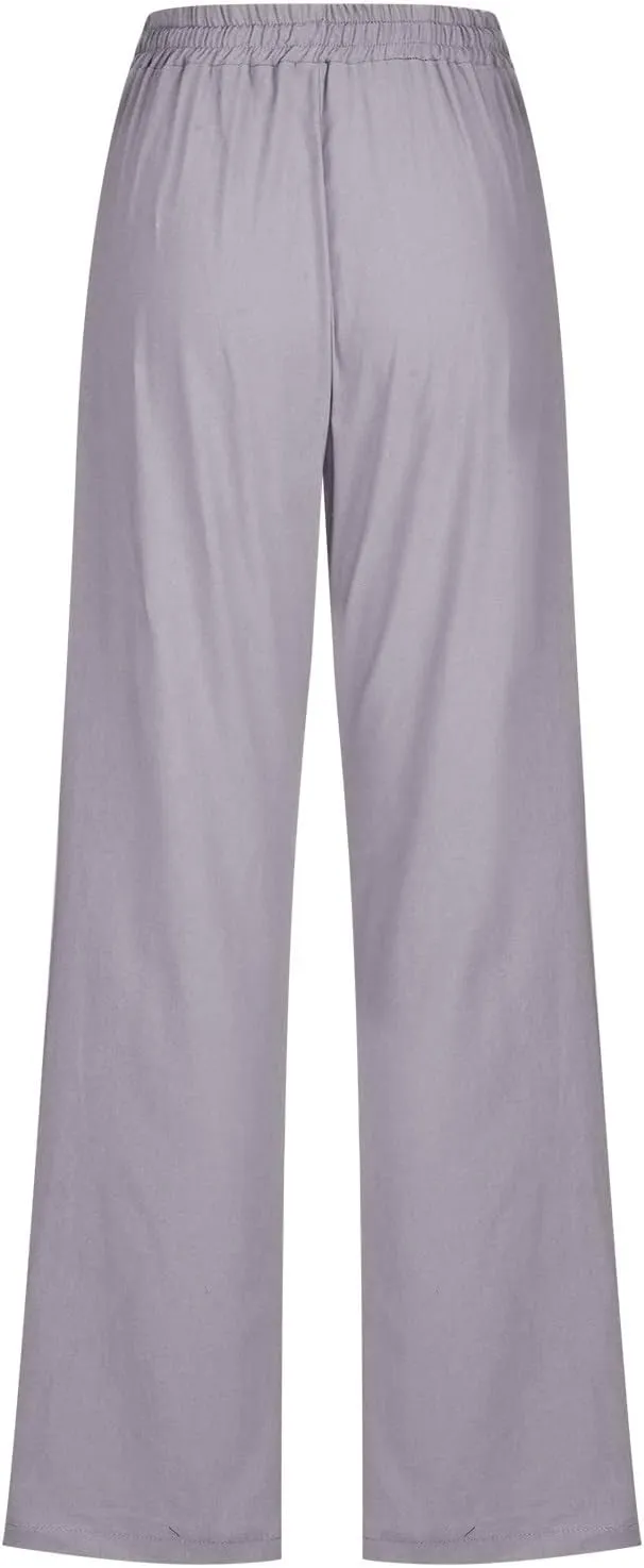 Hvyesh Women Cotton Linen Pants 2025 Summer Wide Leg Drawstring Elastic High Waisted Lounge Pants Casual Beach Trousers