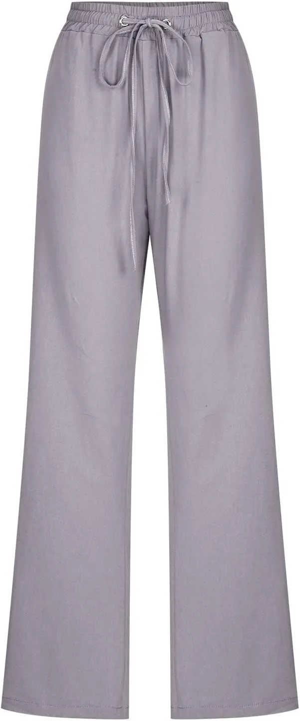 Hvyesh Women Cotton Linen Pants 2025 Summer Wide Leg Drawstring Elastic High Waisted Lounge Pants Casual Beach Trousers