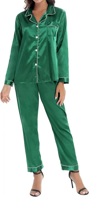 iiniim Women Satin Pajama Set Long Sleeve Sleep Shirt and Pajama Pants Pj Set Loungewear Sleepwear