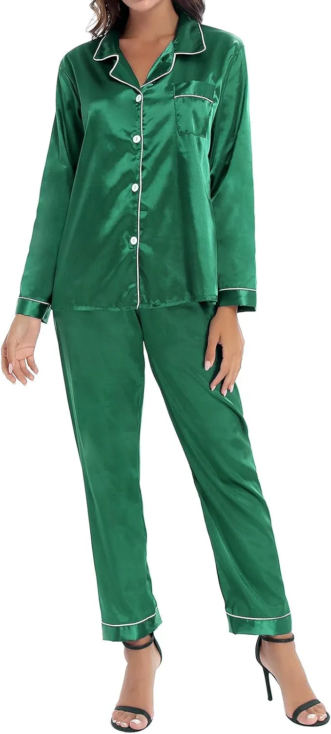 iiniim Women Satin Pajama Set Long Sleeve Sleep Shirt and Pajama Pants Pj Set Loungewear Sleepwear