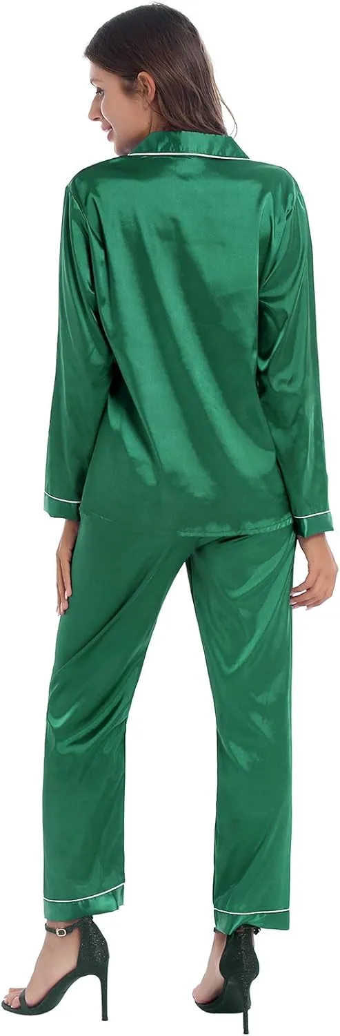 iiniim Women Satin Pajama Set Long Sleeve Sleep Shirt and Pajama Pants Pj Set Loungewear Sleepwear