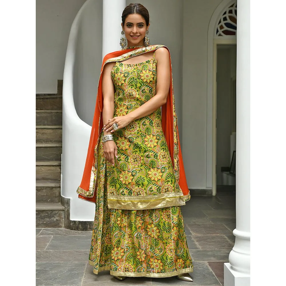 Janasya Green Cotton Floral Block Print Kurta with Palazzo and Dupatta (Set of 3)