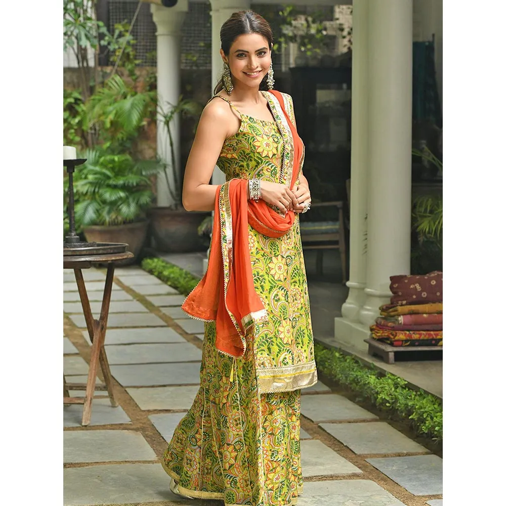 Janasya Green Cotton Floral Block Print Kurta with Palazzo and Dupatta (Set of 3)