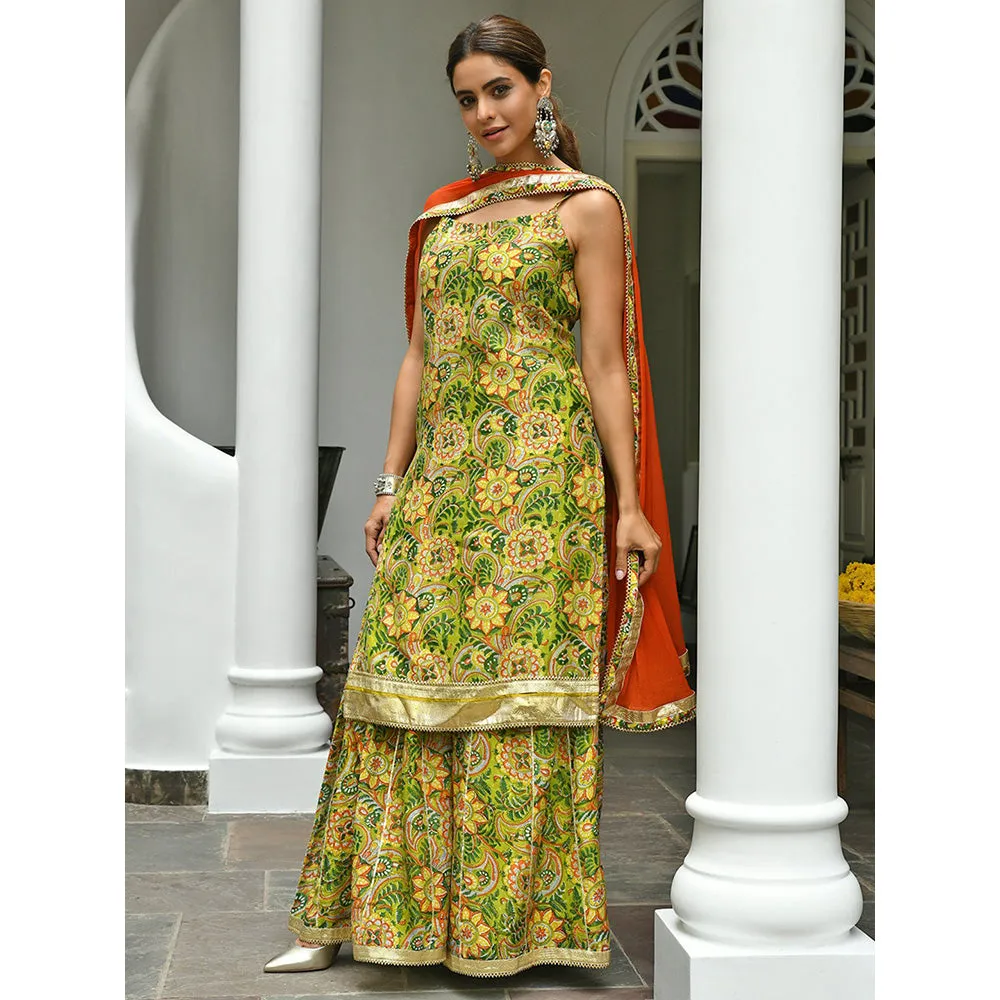 Janasya Green Cotton Floral Block Print Kurta with Palazzo and Dupatta (Set of 3)