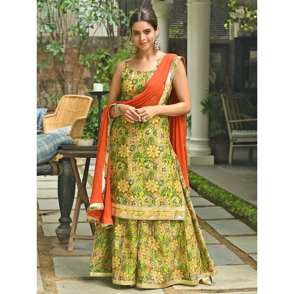 Janasya Green Cotton Floral Block Print Kurta with Palazzo and Dupatta (Set of 3)