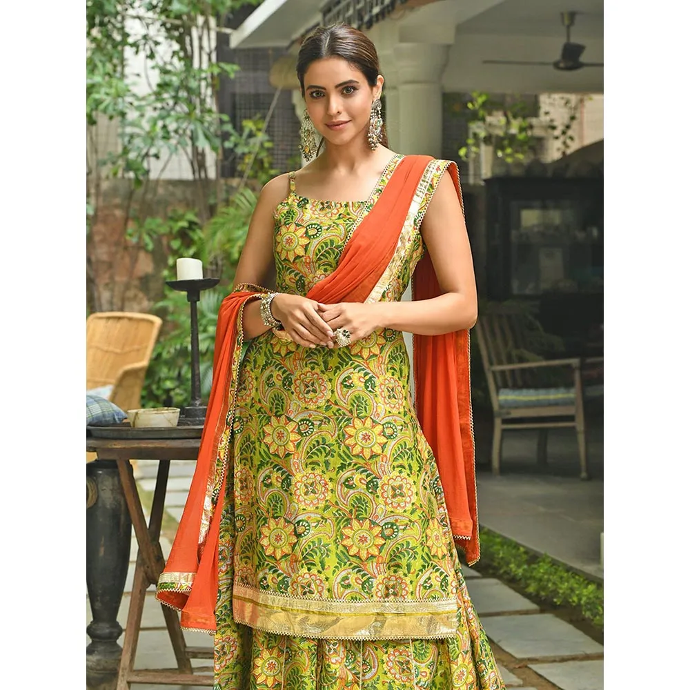 Janasya Green Cotton Floral Block Print Kurta with Palazzo and Dupatta (Set of 3)