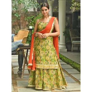 Janasya Green Cotton Floral Block Print Kurta with Palazzo and Dupatta (Set of 3)