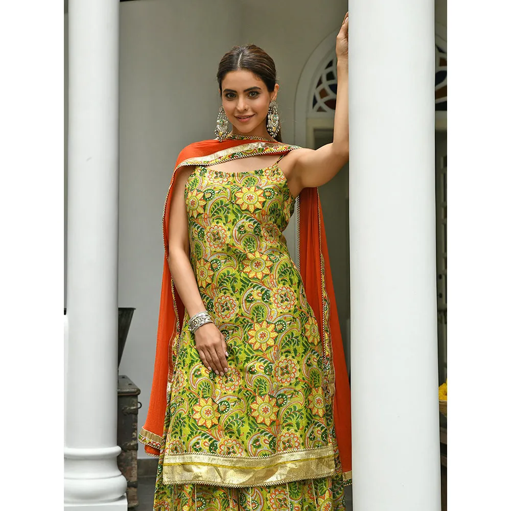 Janasya Green Cotton Floral Block Print Kurta with Palazzo and Dupatta (Set of 3)