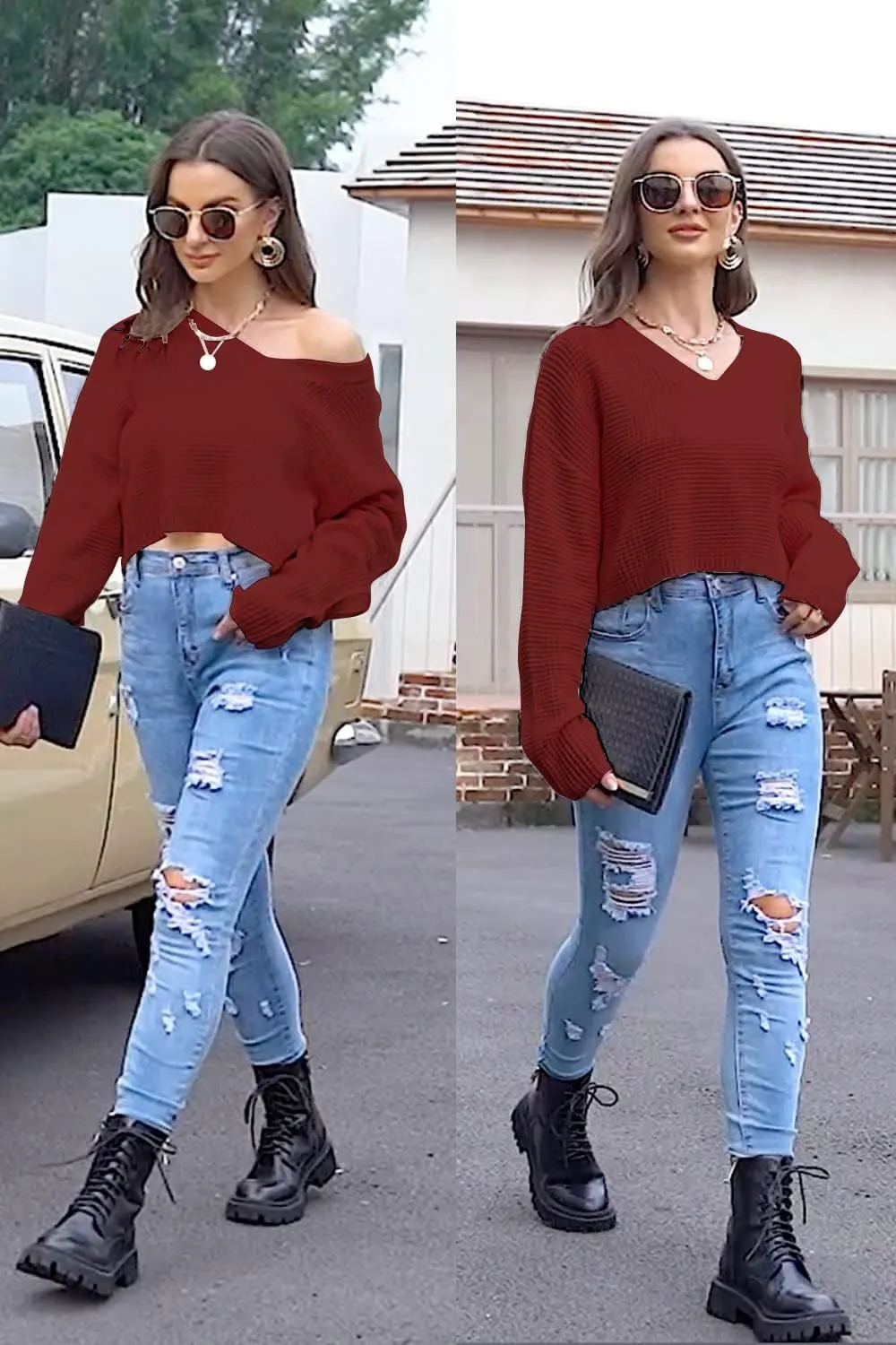 Jumppmile Womens V Neck Waffle Knit Cropped Top Long Sleeve Pullover Crop Sweater