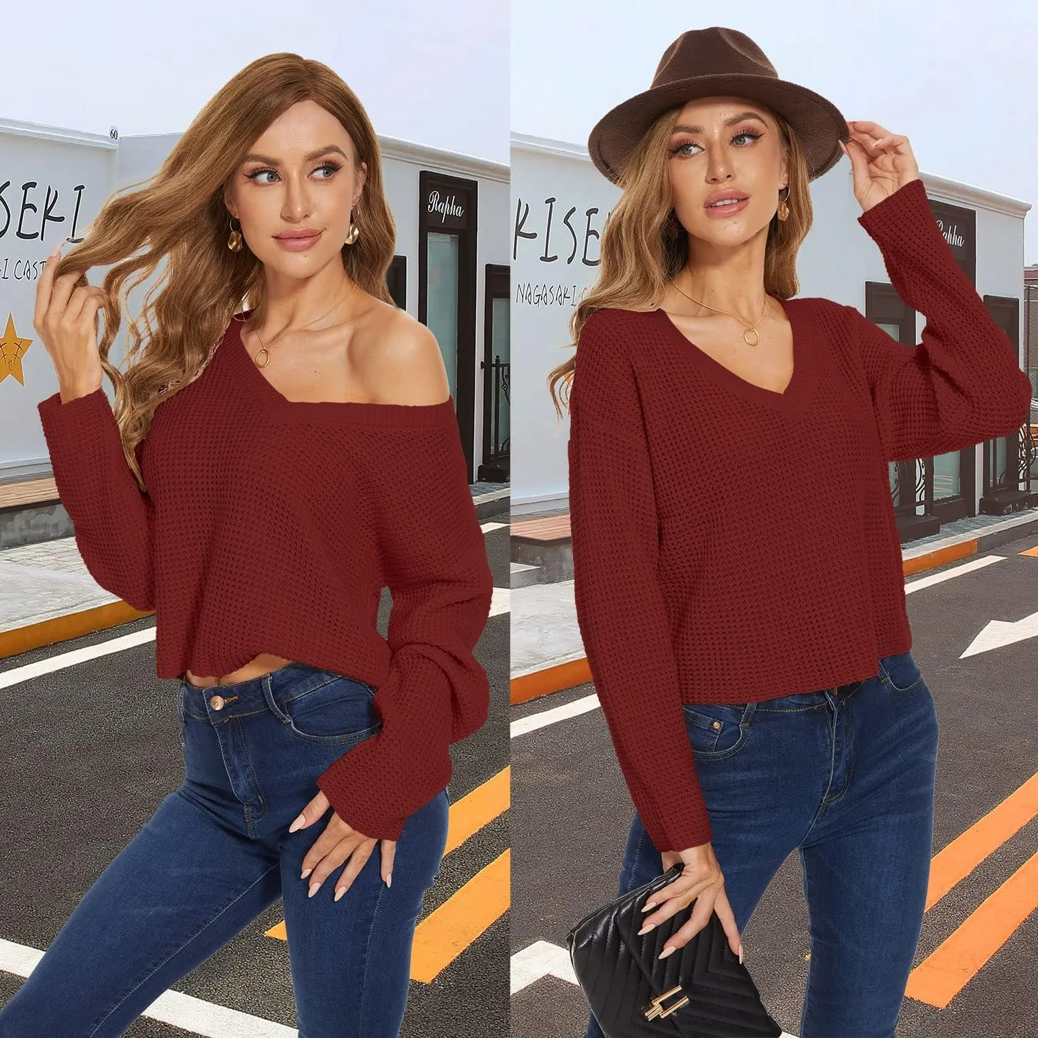 Jumppmile Womens V Neck Waffle Knit Cropped Top Long Sleeve Pullover Crop Sweater