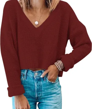 Jumppmile Womens V Neck Waffle Knit Cropped Top Long Sleeve Pullover Crop Sweater