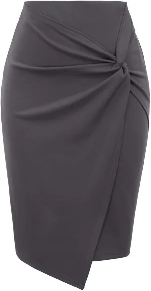 Kate Kasin Wear to Work Pencil Skirts for Women Elastic High Waist Wrap Front Knee Length Bodycon Skirt Tummy Control