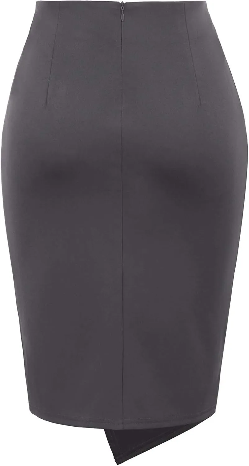 Kate Kasin Wear to Work Pencil Skirts for Women Elastic High Waist Wrap Front Knee Length Bodycon Skirt Tummy Control
