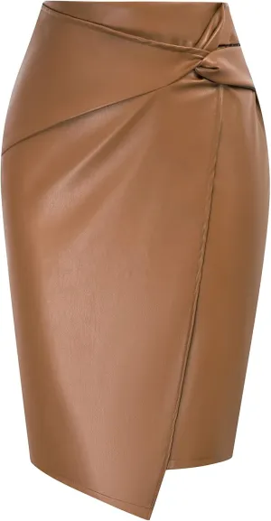 Kate Kasin Women's Faux Leather High Waist Wrap Knit Bodycon Midi Skirt for Business Casual Pencil Skirt