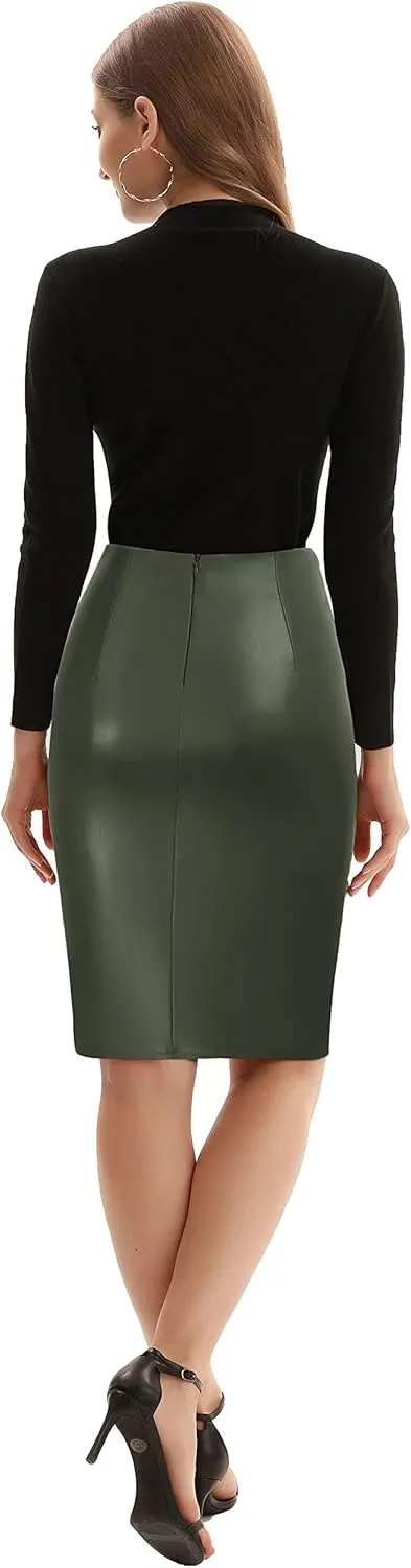 Kate Kasin Women's Faux Leather High Waist Wrap Knit Bodycon Midi Skirt for Business Casual Pencil Skirt