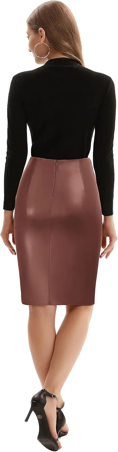 Kate Kasin Women's Faux Leather High Waist Wrap Knit Bodycon Midi Skirt for Business Casual Pencil Skirt