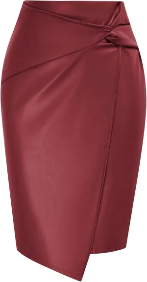 Kate Kasin Women's Faux Leather High Waist Wrap Knit Bodycon Midi Skirt for Business Casual Pencil Skirt
