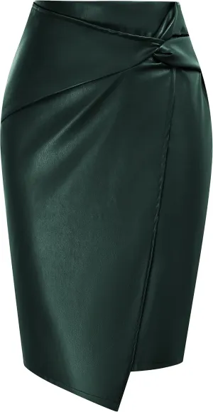 Kate Kasin Women's Faux Leather High Waist Wrap Knit Bodycon Midi Skirt for Business Casual Pencil Skirt